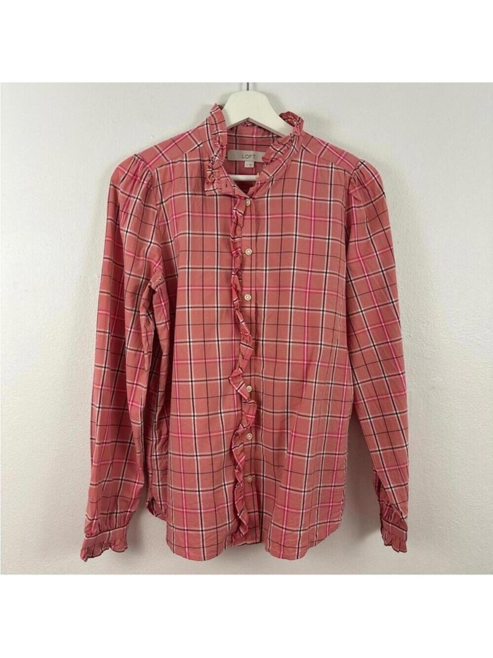LOFT Pink Plaid Ruffle-Front Button-Up Long Sleeve Shirt Size S